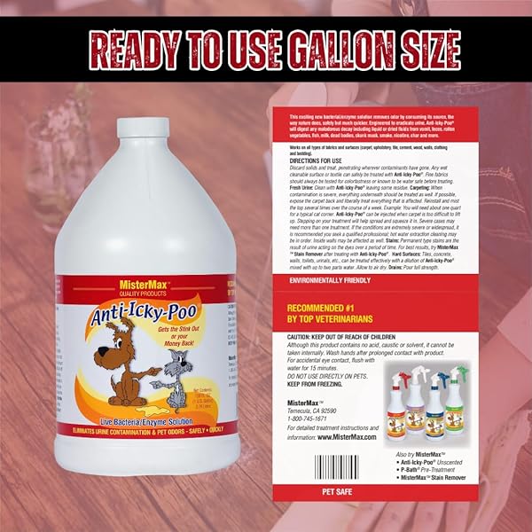 MISTER MAX ANTI ICKY POO PET URINE ENZYME CLEANER & FECES ODOR REMOVER, ENZYMATIC CLEANER FOR DOG & CAT URINE, PET ODOR REMOVER SPRAY, 1 GALLON (ORIGINAL SCENT)