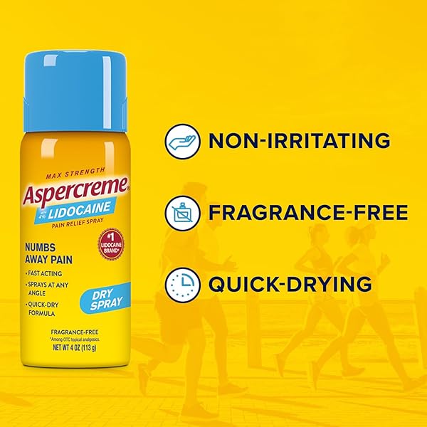 ASPERCREME LIDOCAINE DRY SPRAY SOOTHES AGGRAVATED NERVES, NUMBING TOPICAL PAIN RELIEF SPRAY WITH MAX-STRENGTH 4% LIDOCAINE SPRAYS AT ANY ANGLE, 4 OZ.