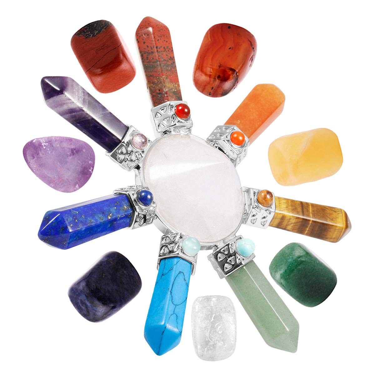 mookaitedecor 7 Chakra Crystals Set,Healing Crystal Polished Tumbled Worry Stones & Rock Quartz Cone Energy for Reiki Balancing Meditation Kit