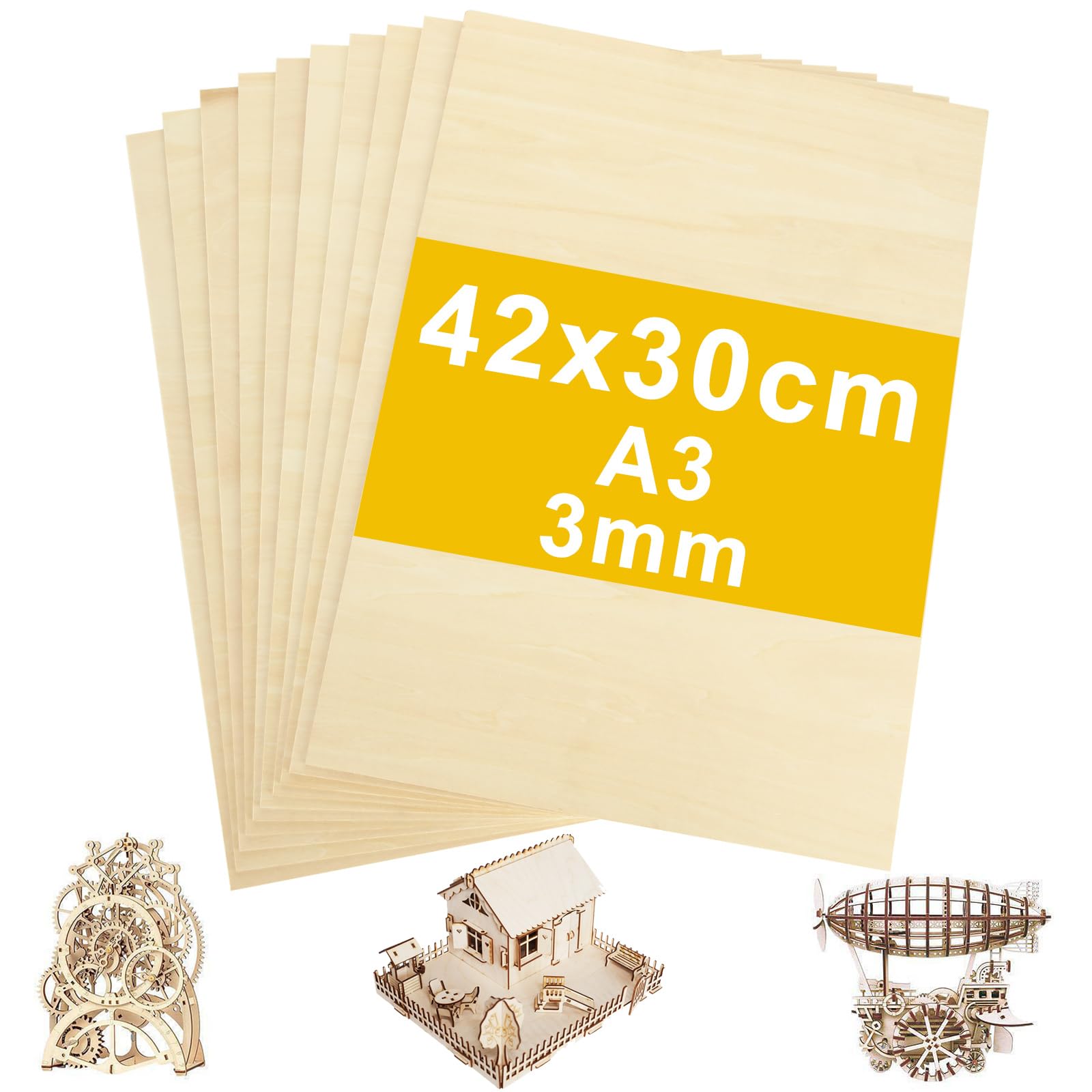 ZOFUN 10 Pcs A3 Craft Plywood Sheets Cut to Size, Unfinished 3mm Basswood Sheets, 420 x 300mm Plywood Boards for Wooden DIY Projects Home Decor Arts Craft Painting Laser Cutting Engraving Model Making