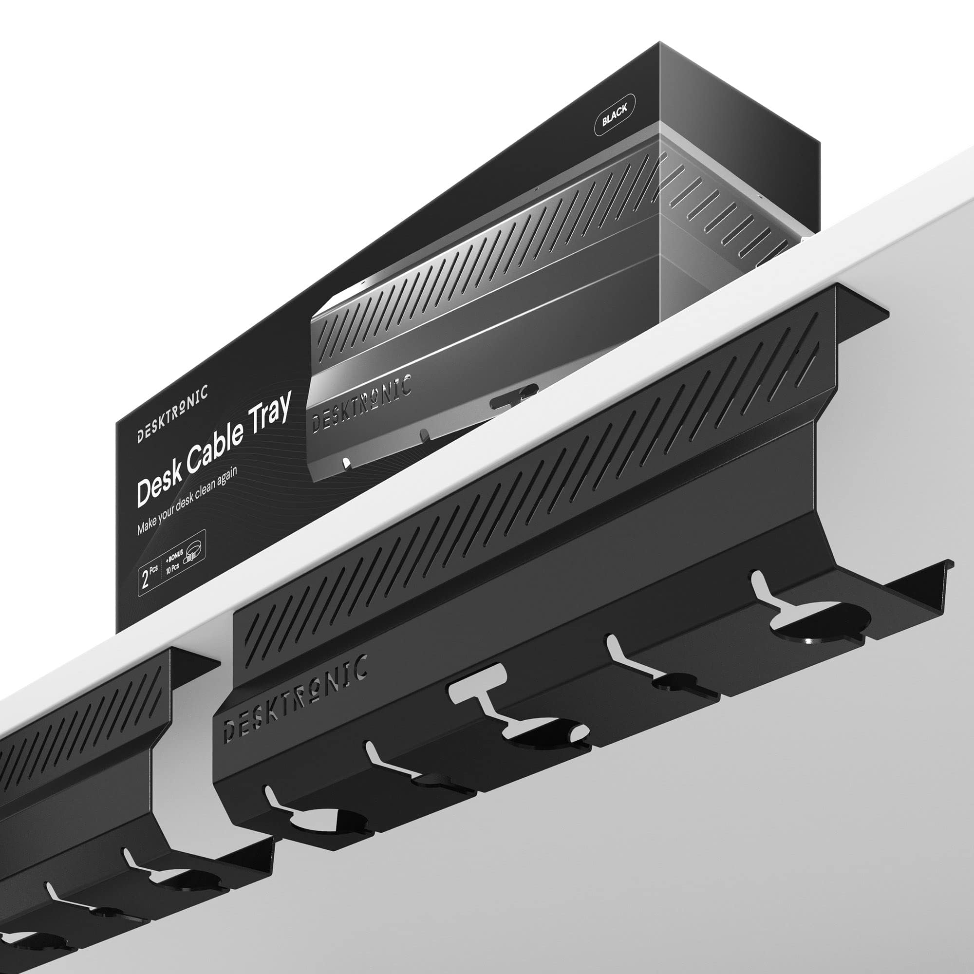 Desktronic Cable Duct Desk Black Set of 2 - Stainless Steel Cable Management Desk Cable Duct with 5 Cable Cut-Outs - Easy to Install Cable Organiser - Cable Holder