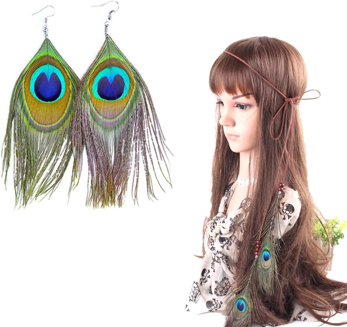 PPX Peacock Feather Hippie Headband Accessories and Feather Earrings - Bohemia Tribal Indian Hippie Headpiece Braided Beads Headwear Festival Hair Decoration