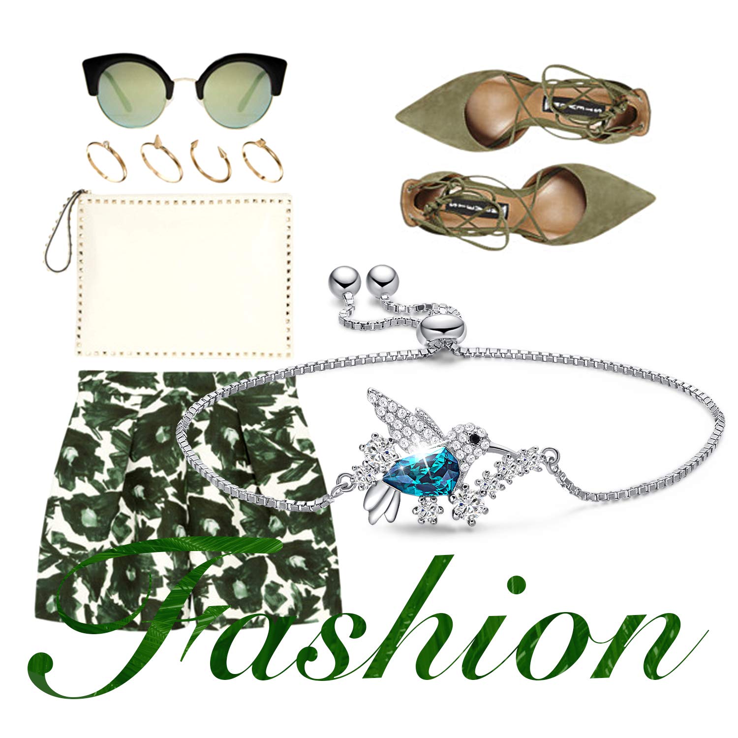 CDE Hummingbird Swarovski Bracelet Sterling Silver Women Bangle Bracelets Fine Jewelry Green Stone