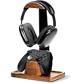 UPERGO Headset Stand with Gaming Controller Holder, Walnut Wood Headphone Stand with Storage Base, Gaming Equipment Accessories for Desk