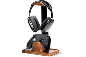 UPERGO Headset Stand with Gaming Controller Holder, Walnut Wood Headphone Stand with Storage Base, Gaming Equipment Accessories for Desk