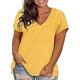 TAKEYAL Womens Plus Size T Shirts V Neck Short Sleeve Side Split High Low Tops Casual Summer Tees with Pocket XL-5XL
