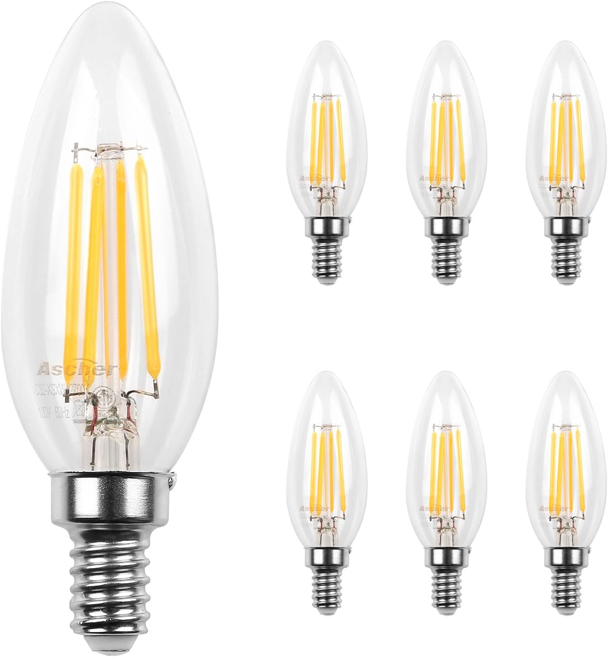Ascher E12 LED Classic Candelabra Clear Light Bulb / 4W, Equivalent 40W, 470LM / Warm White 2700K / Filament Clear Glass / Non dimmable / Pack of 6
