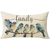 Fjfz Family Bluebird Lumbar Decorative Throw Pillow Cover 12 x 20, Rectangular Watercolor Blue Jay Branch Outdoor Home Decor, Seasonal Sofa Couch Cushion Case