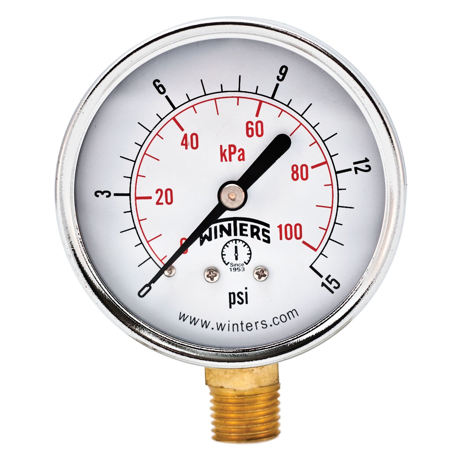 Winters PEM Series Steel Dual Scale Economical All Purpose Pressure Gauge with Brass Internals, 0-15 psi/kpa, 2-1/2" Dial Display, +/-3-2-3% Accuracy, 1/4" NPT Bottom Mount