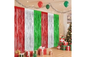 1Pc Red Green and Silver Party Garland, Foil Fringe Backdrop Curtains Christmas Tinsel Streamers, Photo Booth Props Backdrop 