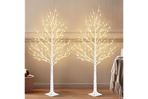 PABIPABI Birch Tree with LED Lights, 2 Pack 6ft Lighted White Christmas Trees Outdoor with Timer & Light Dimmer Prelit Artificial Twig Tree Set for Decorations Indoor Winter Home Garden Bedroom Decor
