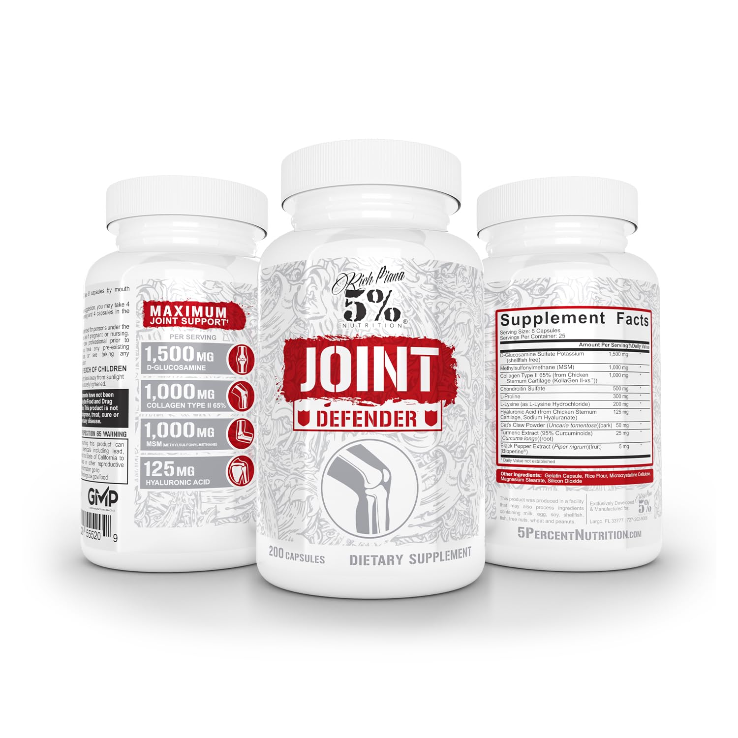 5% Nutrition Rich Piana Joint Defender Maximum Joint Support Supplement | Collagen, Glucosamine, Chondroitin, Turmeric Curcumin with Black Pepper, MSM, Hyaluronic Acid | 200 Capsules, 25 Servings