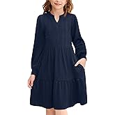 Girls Fall Knit Dresses V Neck Long Puff Sleeve Dress Ruffle Hem with Pockets 6-14 Years