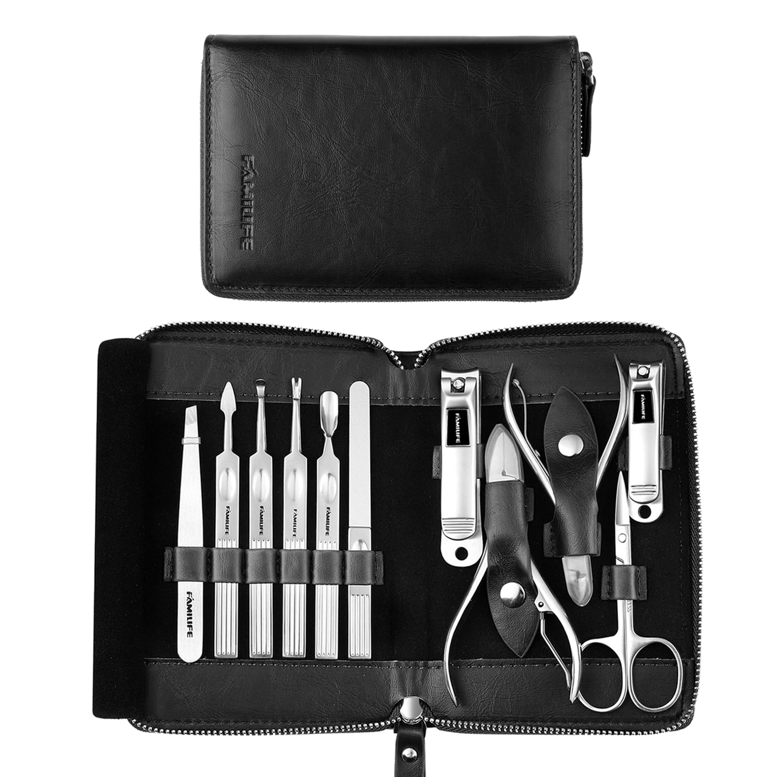 Photo 1 of Manicure Kit, FAMILIFE Professional Manicure Set Nail Kit, 11 in 1 Stainless Steel Nail Clippers Set for Men Pedicure Kit, Men Grooming Kit with Portable Black Leather Travel Case Luxury Gifts for Him