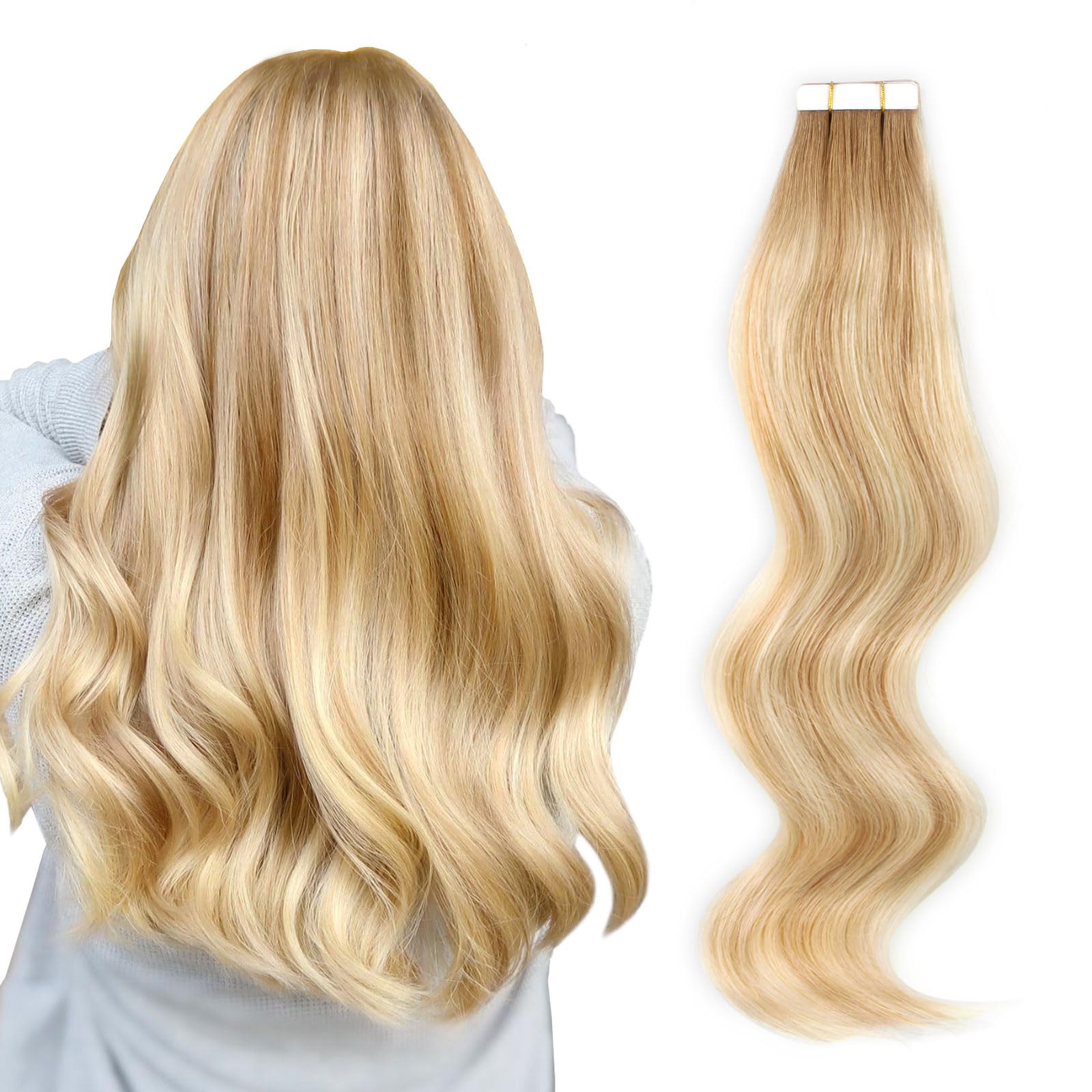 ABH AMAZINGBEAUTY HAIR Rooted with Highlights Tape in Hair Extensions Human Hair, 20 Pieces 50 Grams, Ash Brown Fading into Dirty Blonde with Platinum Blonde Highlights R8-12/60, 22 Inch — image 1