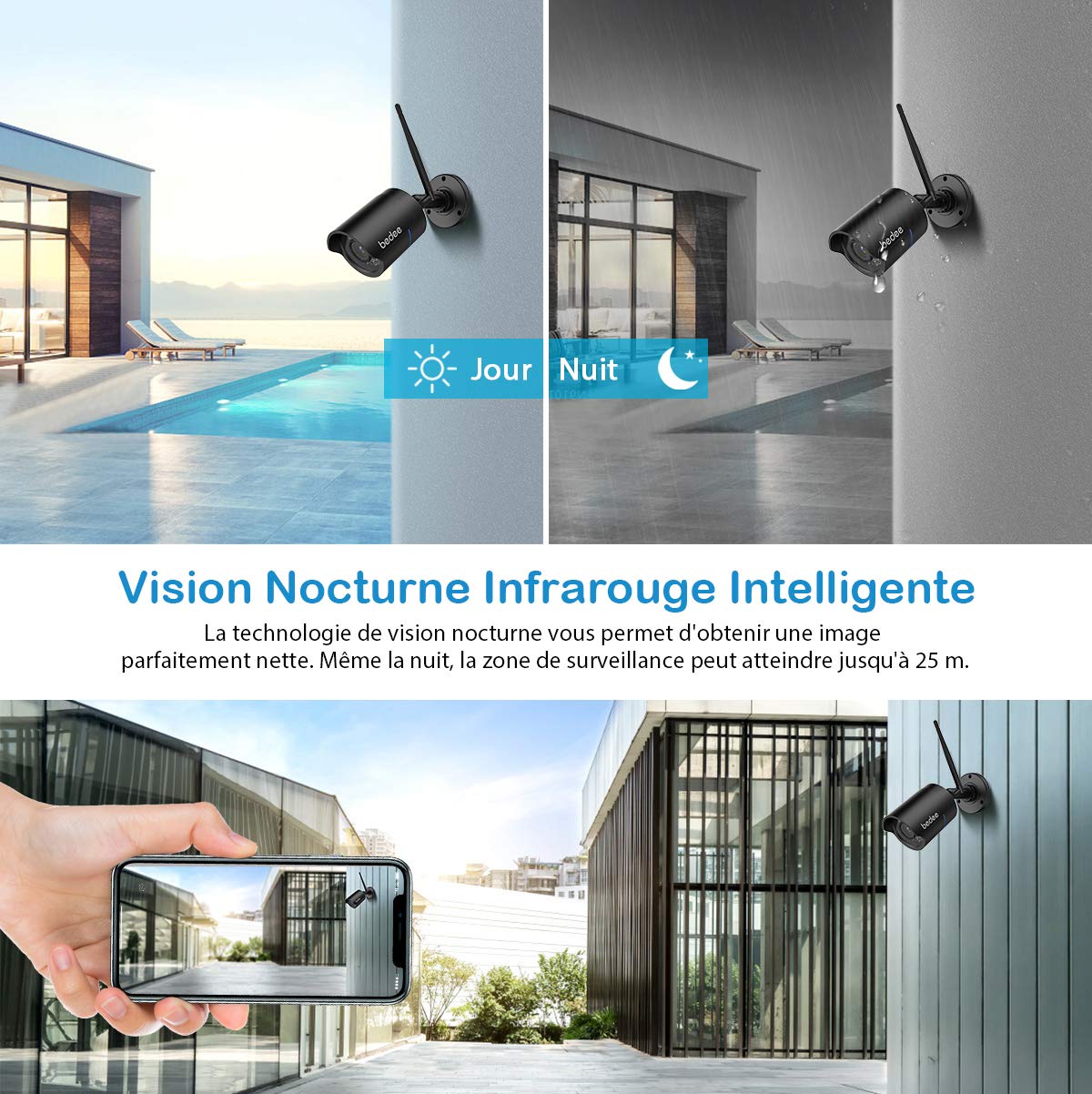 IP Camera Exterieur, Camera de Surveillance Exterieur WiFi sans Fil, HD 1080P Etanchéité IP66, Visibilité Nocturne à 25m, Détection de Mouvements pour Extérieur, Max la Carte SD jusqu\'à 128G