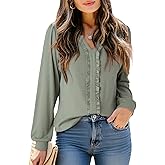 Dokotoo Women's V Neck Ruffle Blouses Long Sleeve Casual Work Tops Loose Fit Pullover Shirts