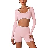 ABOCIW Workout Sets for Women 2 Piece Seamless Color Block Long Sleeve Crop Top Scrunch Butt High Waist Shorts Gym Set