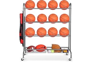 FHXZH Ball Storage Garage, Basketball Racks, Ball Holder, Rolling Sports Equipment Storage Cart with Baskets and Hooks, Garage Sports Equipment Organizer with Wheels