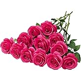 Helera 12PC Hot Pink Roses Artificial Flowers Fake Roses Silk Roses Flowers with Long Stems for Wedding Home Party Centerpieces Decorations