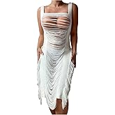 OYOANGLE Women's Swimsuit Cover Up Ripped Beach Dress Sleeveless Hollow Out High Split Dresses Swimwear
