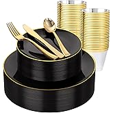 WDF 150PCS Black Plastic Plates - Black and Gold Plates Disposable - 25guest Disposable Dinnerware Sets for Party/Wedding/Halloween/New Year