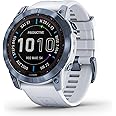 Garmin Fenix 7X Sapphire Solar, Larger Adventure smartwatch, with Solar Charging Capabilities, Rugged Outdoor GPS Watch, Touchscreen, Wellness Features, Mineral Blue DLC Titanium with Whitestone Band