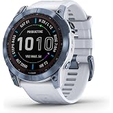Garmin Fenix 7X Sapphire Solar, Adventure Smartwatch, w/Solar Charging Capabilities, Rugged Outdoor GPS Watch, Touchscreen, Wellness Features, Mineral Blue Titanium w/Whitestone Band (Renewed)