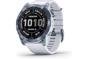 Garmin Fenix 7X Sapphire Solar, Larger Adventure smartwatch, with Solar Charging Capabilities, Rugged Outdoor GPS Watch, Touchscreen, Wellness Features, Mineral Blue DLC Titanium with Whitestone Band