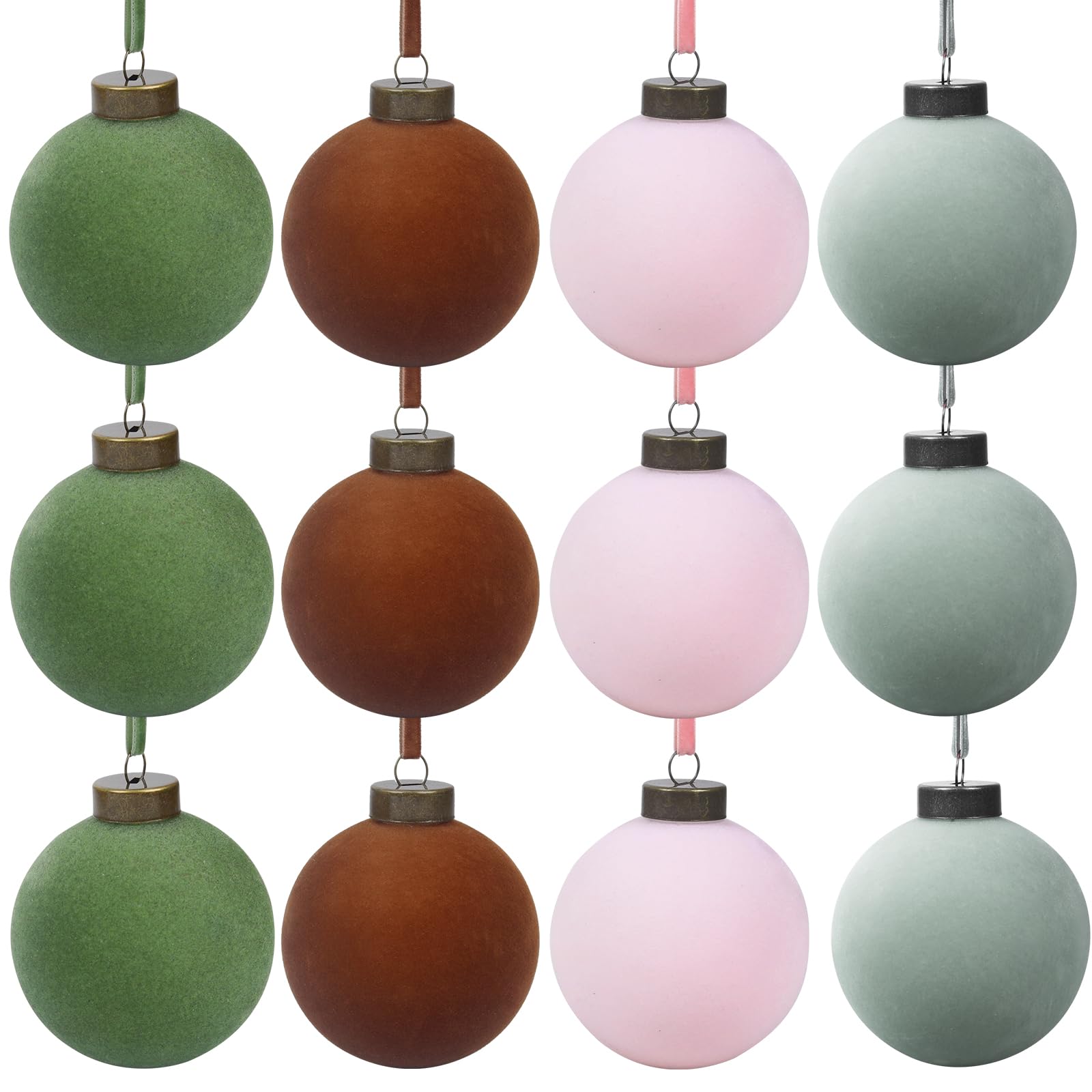 Photo 1 of 12 Pcs Velvet Christmas Balls Bulk Shatterproof Plastic Christmas Tree Decorations for Decorative Hanging Baubles (12, Green?Brown?Pink?Haze Blue, 3.94Inch)