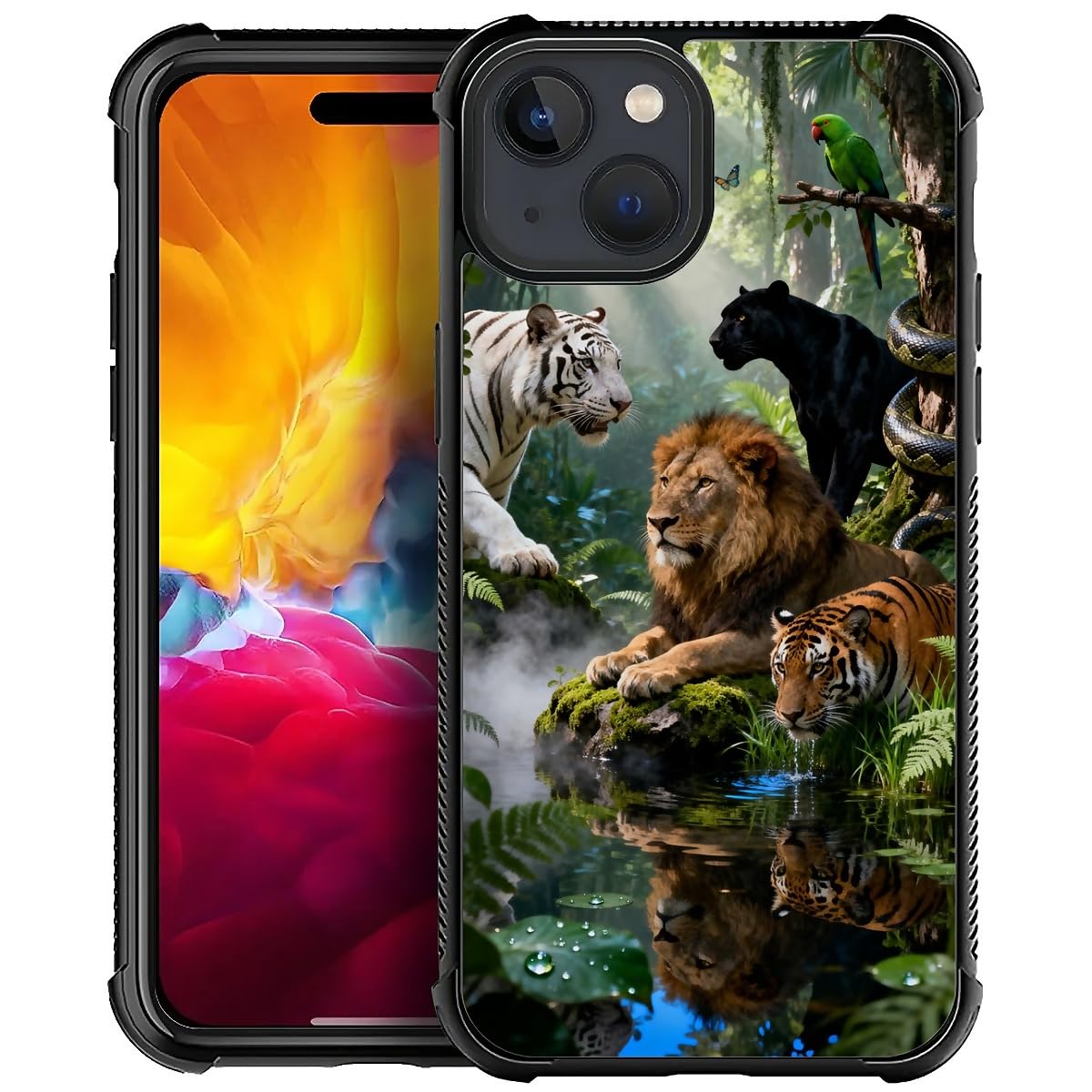 AshaPro for iPhone 13 Case,Shockproof Protective with 4 Corner Air Cushion,Soft TPU Bumper Anti-Slip Grip,Printing Design Phone Case Cover for Boys/Men 6.1inch,Pattern Jungle King