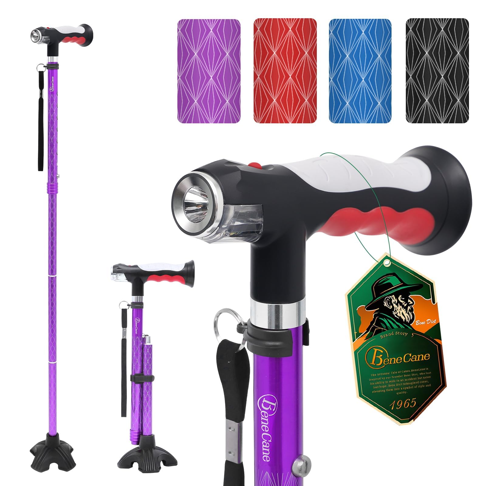 BeneCane Walking Cane for Women Folding Cane for Men with Two Led Lights Quad Cane with Stable Base Lightweight and Adjustable Walking Stick (Purple)