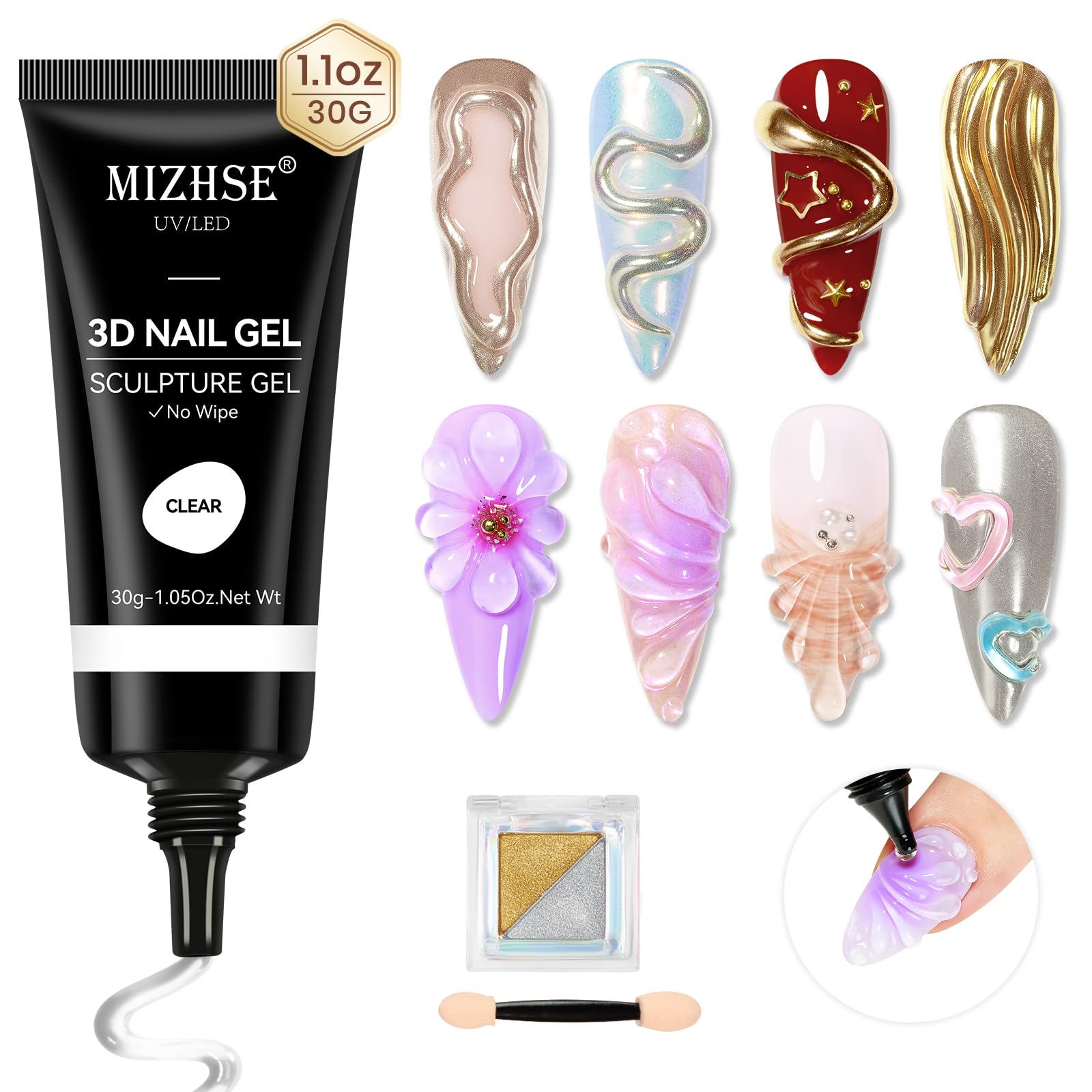 MIZHSE 3D Sculpting Gel & Chrome Nail Powder, 3D Gel for Nail Art, Sculpture Gels for Sculpting Molding Carving Modeling No Wipe Nails Glue, Clear, 30g