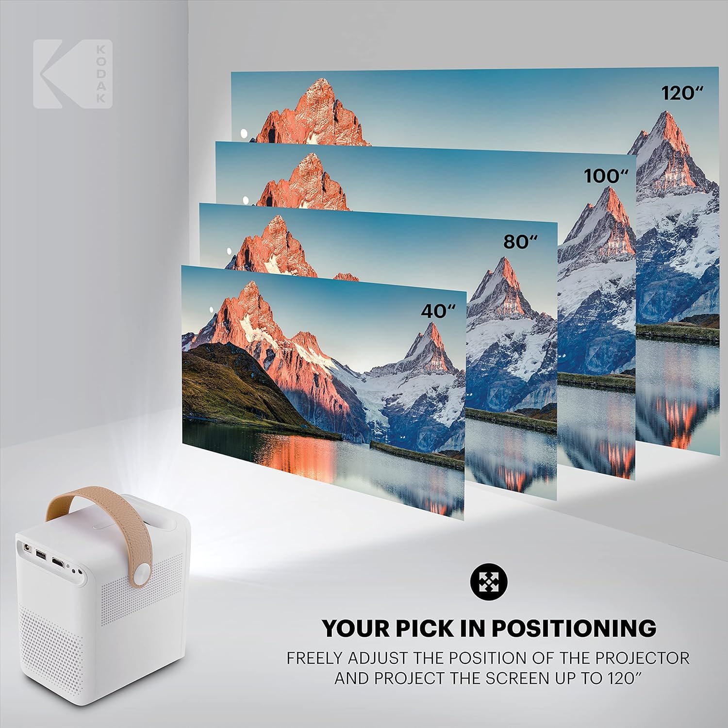KODAK FLIK HD9 Smart Projector | Mini White Portable Indoor & Outdoor Movie with Android TV Streaming Apps, Wi-Fi and Bluetooth, Built-In Speakers & Voice Remote | FHD 1080p for Screens Up to 120”
