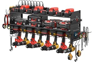 JUNNUJ Large Pegboard Power Tool Organizer with Charging Station, 8 Drills Driver and Tools Battery Holder Wall Mount with 8 Outlet Power Strip, Black 3-Layer Shop Garage Storage Utility Rack