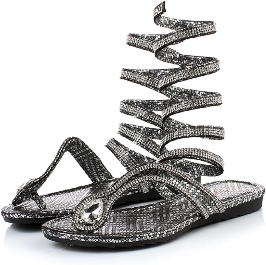 Elais J Women's Rhinestone Lace Up Wrap Gladiator Thong Sandal