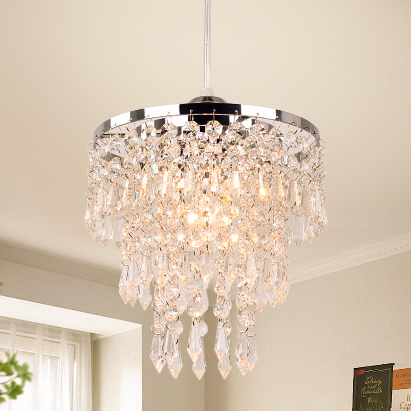 FRIXCHUR Mini Crystal Chandelier Lighting Fixture Flush Mount Ceiling Light Shade Chrome Lampshade Crystal Pendant Light for Hallway Girls Room Closet Dining Room Bathroom E26 — image 1