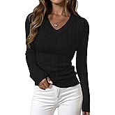 PRETTYGARDEN V Neck Cable Knit Sweaters for Women 2025 Long Sleeve Ribbed Fitted Pullover Tops Business Casual Fall Outfits