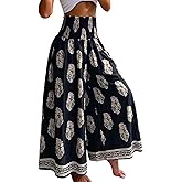 CHICME Womens Boho High Waisted Wide Leg Palazzo Pants Beach Vacation Wear | Vintage Floral Print, Wide Leg Pants For Women, Lightweight Comfortable Fabric, Elastic Shirred Waist, Flowy Loose Fit