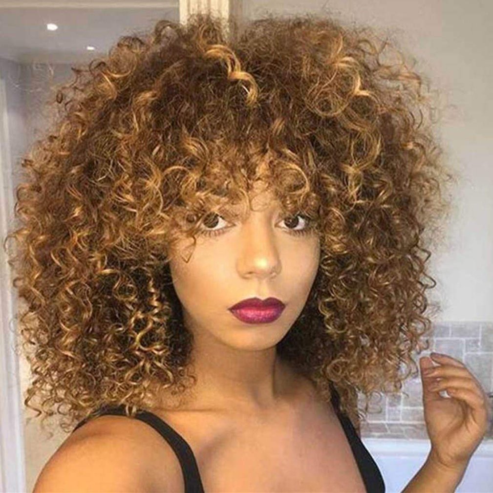 Mixed Brown & Blonde Hair Color Fiber High Synthetic Hair Synthetic Short Hair Afro Kinky Curly Wigs for Black Women