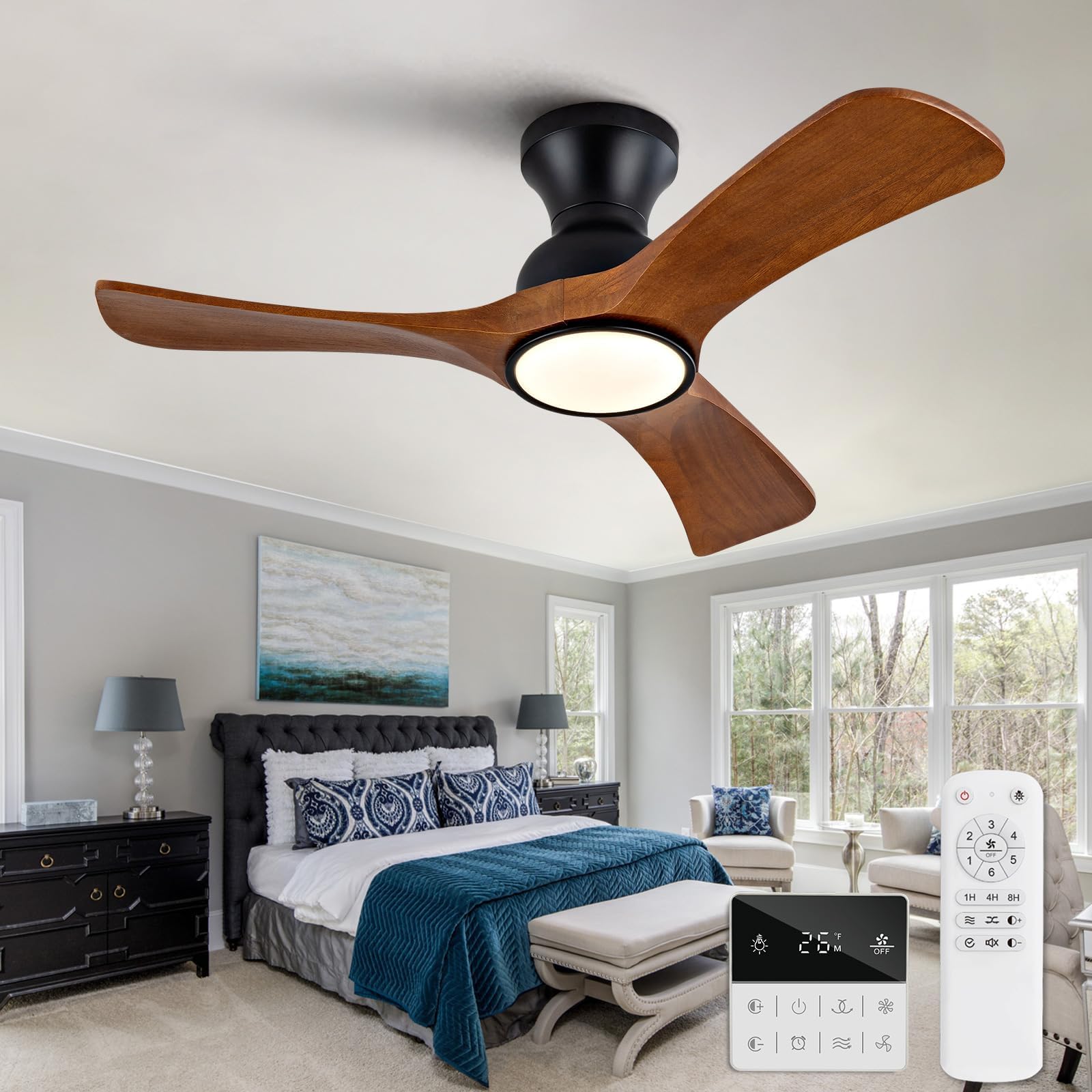 Photo 1 of OMYU 36 inch Flush Mount Ceiling Fans with Lights,Remote Control,Wall Switch,Solid Wood Blades,Dimmable,Reversible,Noiseless, Low Profile Black Ceiling Fan for Bedroom Patio Indoor/Outdoor