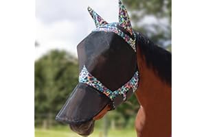 Harrison Howard Pro LumiVista Horse Full Face Fly Mask Large Eye Space Long Nose with Ears UV Protection for Horse Iridescent Prints M