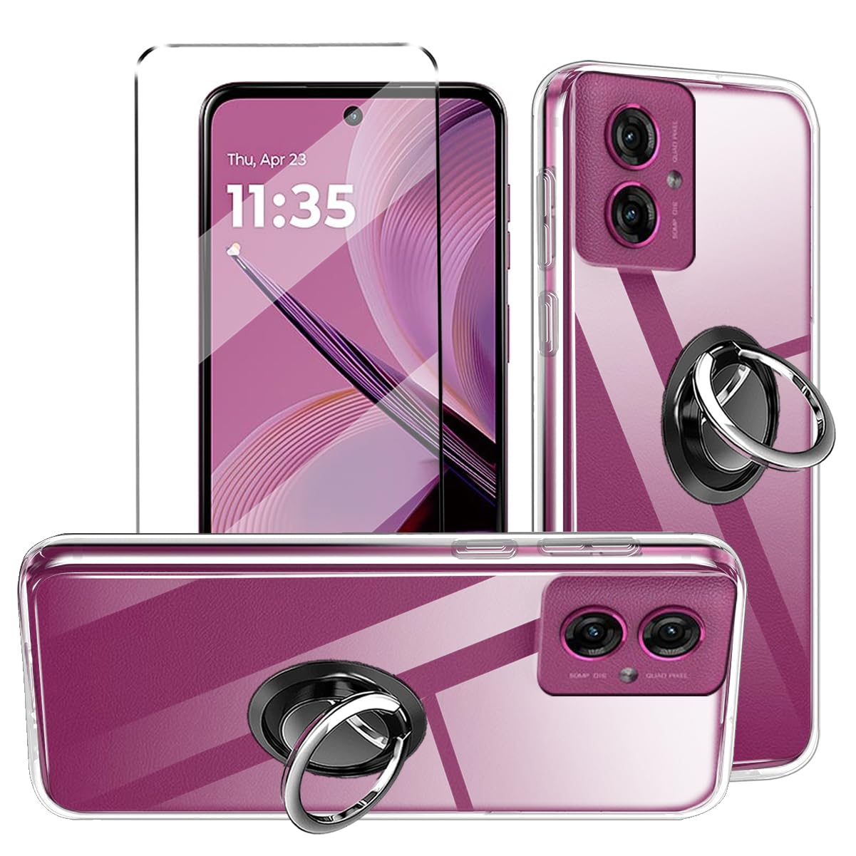 3-in-1 Case + Phone holder Ring Compatible with Motorola Moto G55 Cover with 1 Pack Tempered Glass Screen Protector for Motorola G55, Slim Fit Soft TPU Shockproof Anti-Scratch Phone Case- Clear — image 1