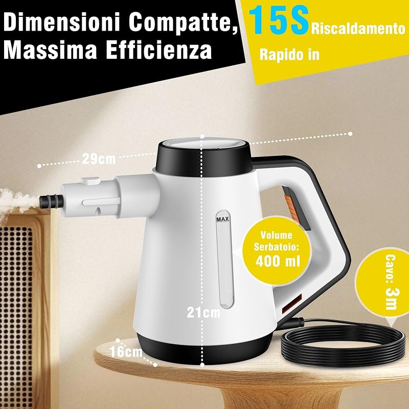 Pulitore a vapore manuale, 400 ml, pulitore a vapore multiuso con 9 accessori, pulitore a vapore senza sostanze chimiche per uso domestico, pulizia di pavimenti, piastrelle, finestre, divani