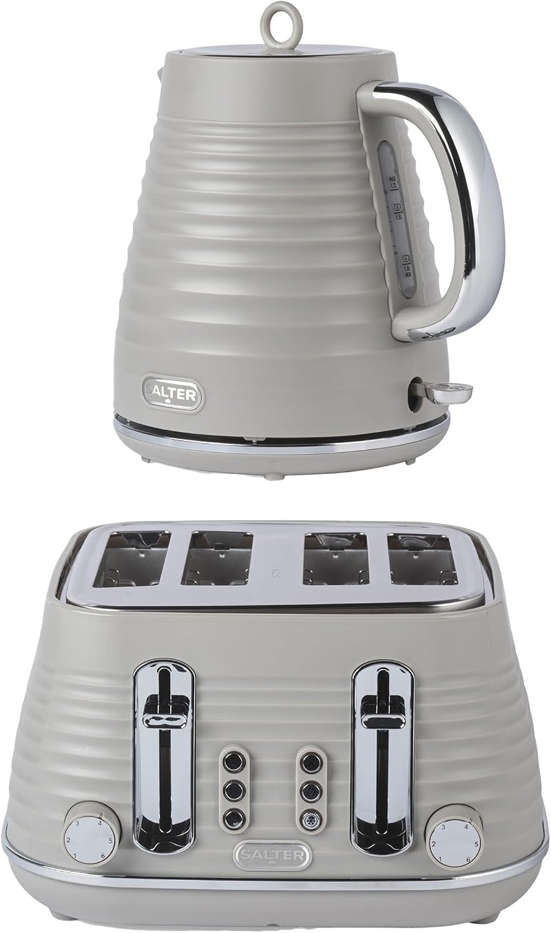 Salter Ripple Taupe Toaster & Kettle Set – 4-Slice 1630W 6 Browning Levels