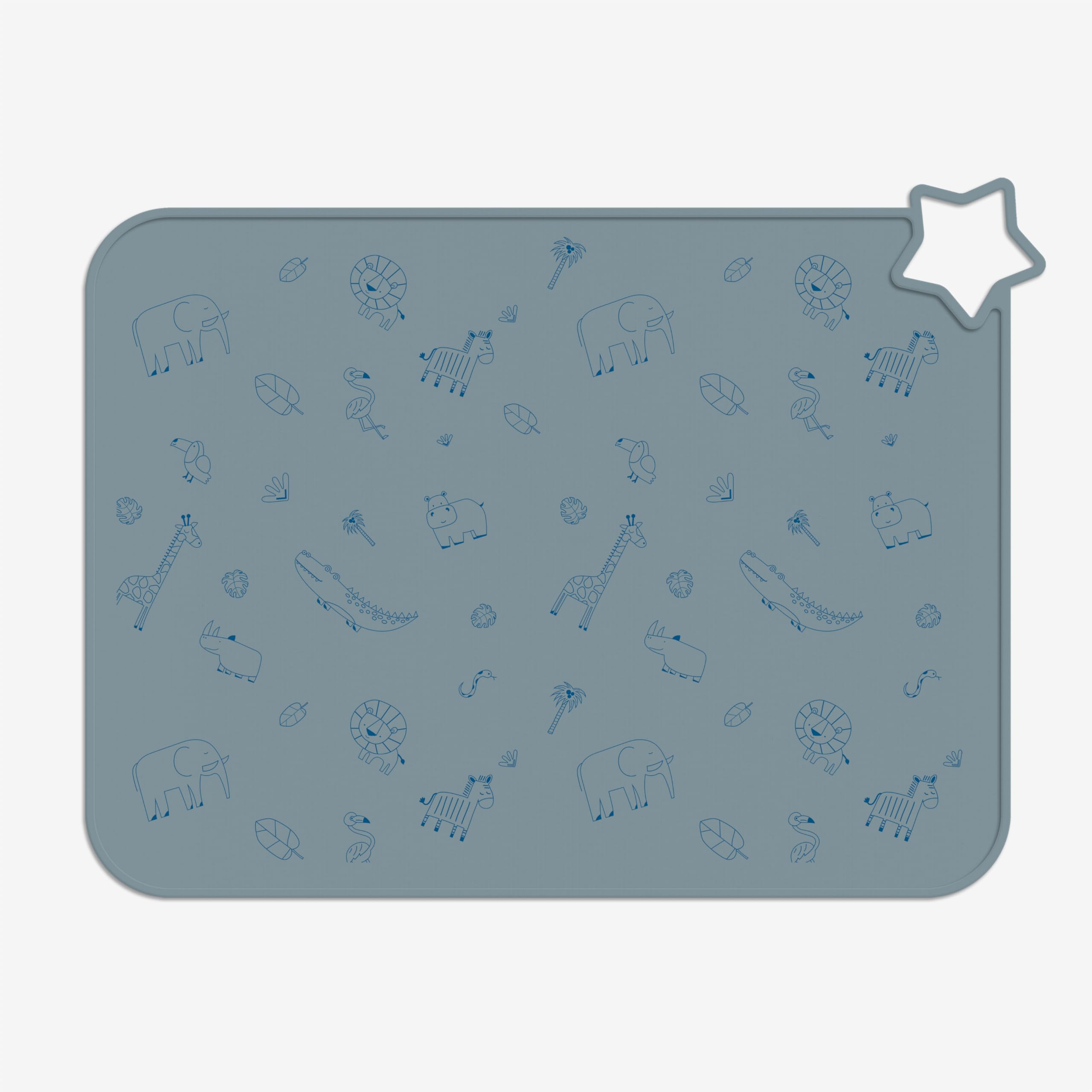 Minifolk Silicone Kids Star Table Mat | Educational Design | Baby Toddler Placemat | Non Slip Mat | Mess free | Dishwasher Safe Heat Safe (1, Single Blue Mat Animal Print)