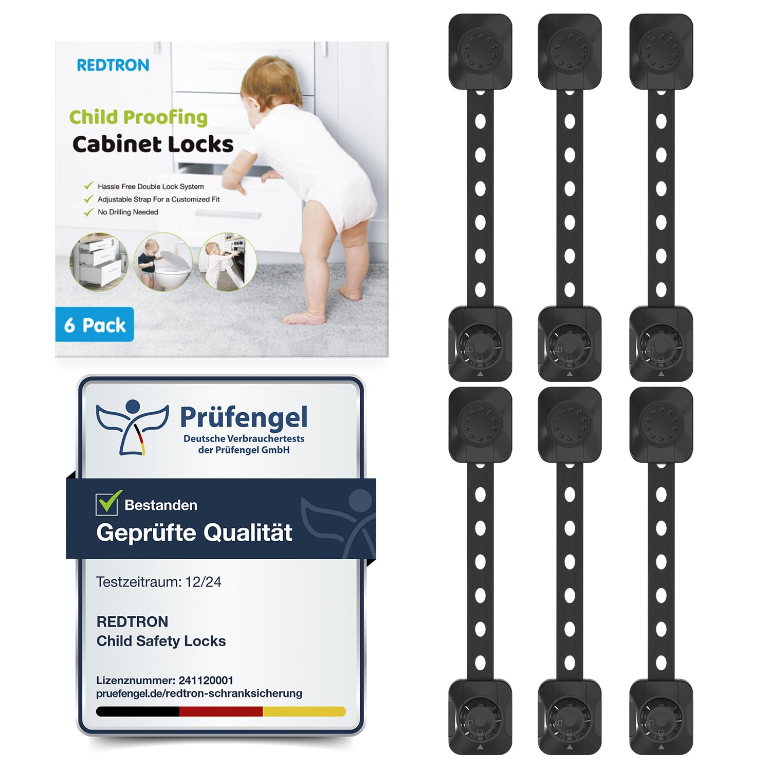 REDTRON Adjustable Cupboard Locks for Children, 6 Pack Baby Safety Drawer Latch, Child Locks for Cabinets, Drawer, Closet, Fridge, Refrigerator, Trash, with Upgraded Adhesive Double Lock System(Black)