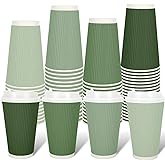 Whaline 100Pcs Sage Green Disposable Coffee Cups with Lids Gradient Green Paper Cups Corrugated Ripple Wall Insulated Hot Cups for Home Office Party Supplies