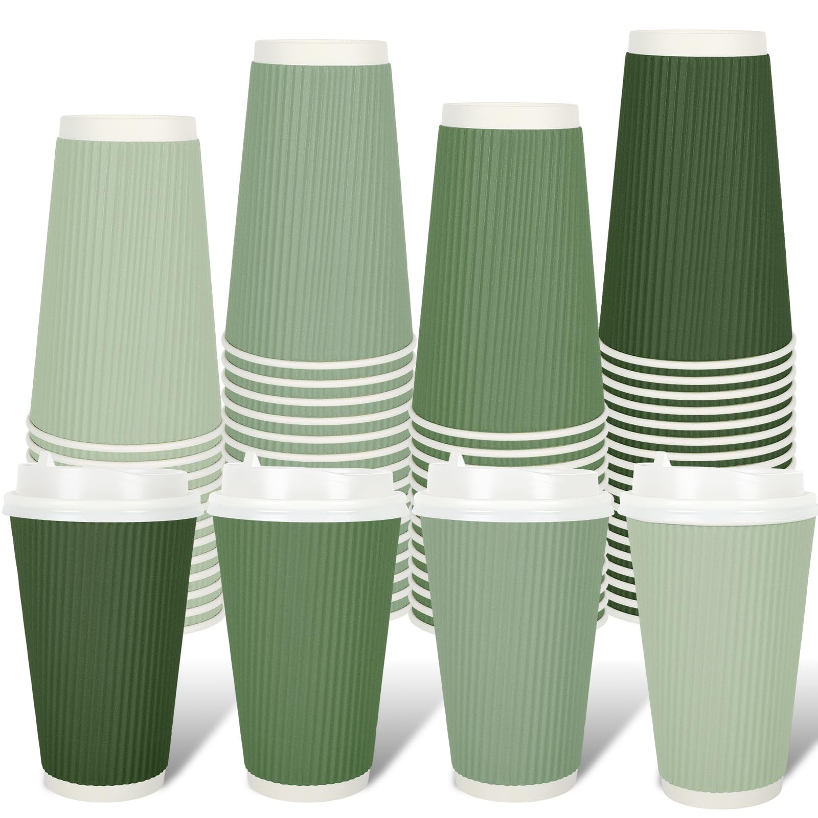 Photo 1 of Whaline 100 Pcs Sage Green Disposable Coffee Cups with Lids Gradient Green Paper Cups Corrugated Ripple Wall Insulated Hot Cup for Home Office Party Supplies