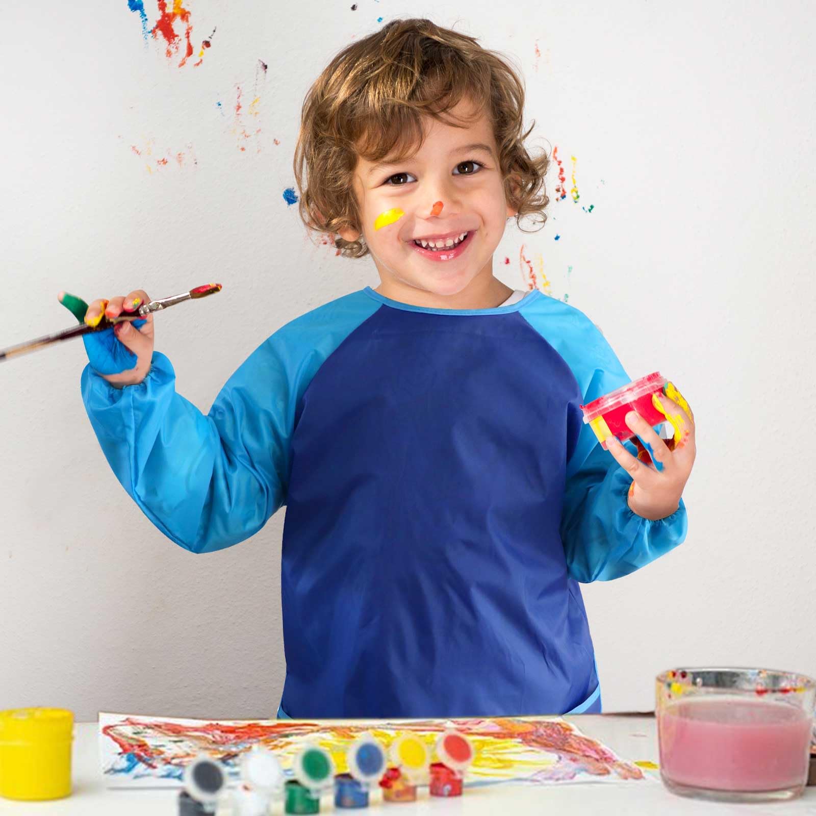 Kids Art Smocks 2 Pack, Toddler Smock Waterproof Artist Painting Aprons Long with Long Sleeve & 3 Pockets for Age 3-8